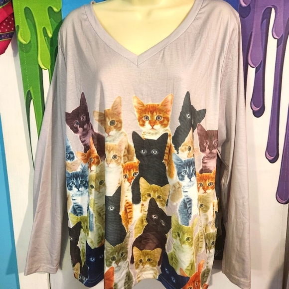 Pixie Lady Colorful Cat Print Long Sleeve Shirt, Size Large - Picture 1 of 6